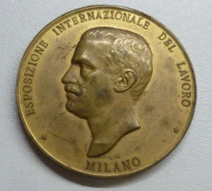 ITALIEN Internationale Werkausstellung Mailand EMANUELE III Vergoldet Bronze Medaillon - Bild 1 von 3