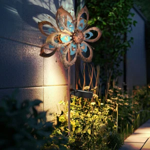 Gartendeko Solarlampe Windrad Außenleuchte gold blau Blume Bruchglas LED H 92 cm - Bild 1 von 12