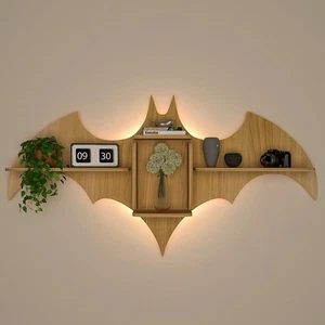 Bat Shape Wood Wall Shelf / Book Shelf / Night Light, Light Oak Finish - 42 In - Picture 1 of 5