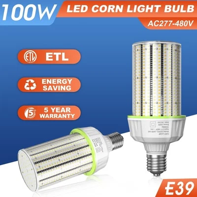 277-480V Industrial LED Corn Light Bulb 100W Warehouse Highbay Lighting E39 Base - Image 1 of 4