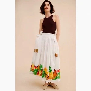 FARM RIO Embroidered Fruits Side Bow Midi Skirt Fruit Beaded Side Ties Medium - Picture 1 of 17