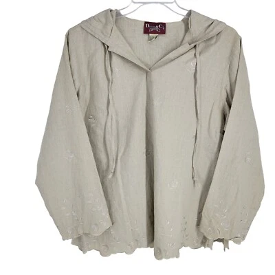 Moletom com capuz feminino vintage denim & Co. bege grande bordado floral mistura de linho - Imagem 1 de 3