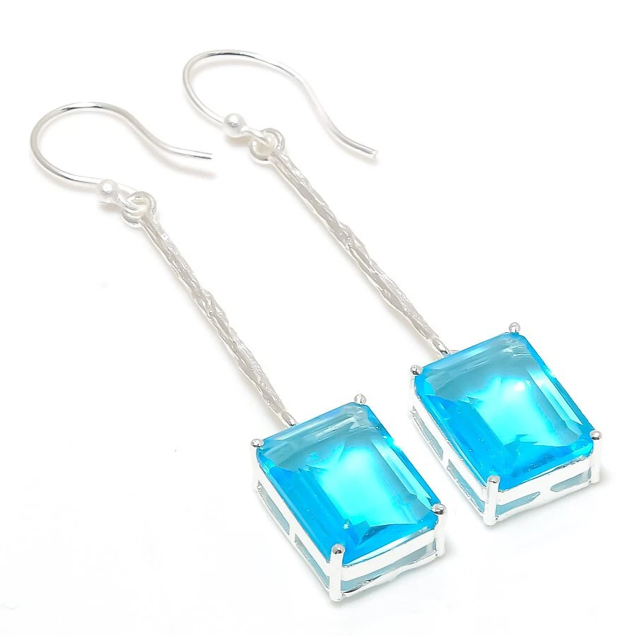 Blue Quartz Gemstone Silver Plated Dangle Earrings Jewelry 3" - Image 1 of 1