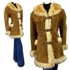 VINTAGE 60s 70s TOFFEE BROWN CREAM SUEDE BOHO PENNY LANE SHEARLING COAT 14 16 - Picture 1 of 6