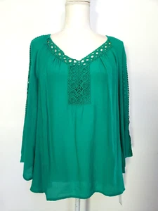 Zac & Rachel Green Crochet Trim Top Women's Sz L - Picture 1 of 8