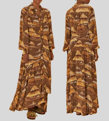 Farm Rio Anthropologie Malocas Soft Brown Silky 58" Long Shirt Dress  sz M  $355 - Image 1 of 4