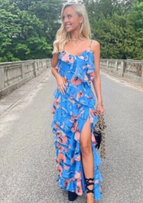 Forever Unique size 12 Blue And Orange Ruffle Maxi dress with side split, BNWOT. — 第 1/4 张图片