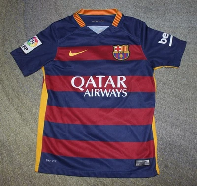 巴塞罗那足球俱乐部球衣梅西#10卡塔尔航空公司主场衬衫2015/16青年S足球 — 第 1/4 张图片