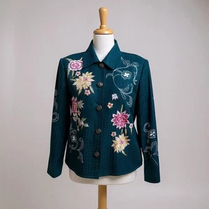 Alex Kim Shirt Jacket Sz PL Blue Floral Embroidered Button Up Boho Western Artsy - Picture 1 of 10