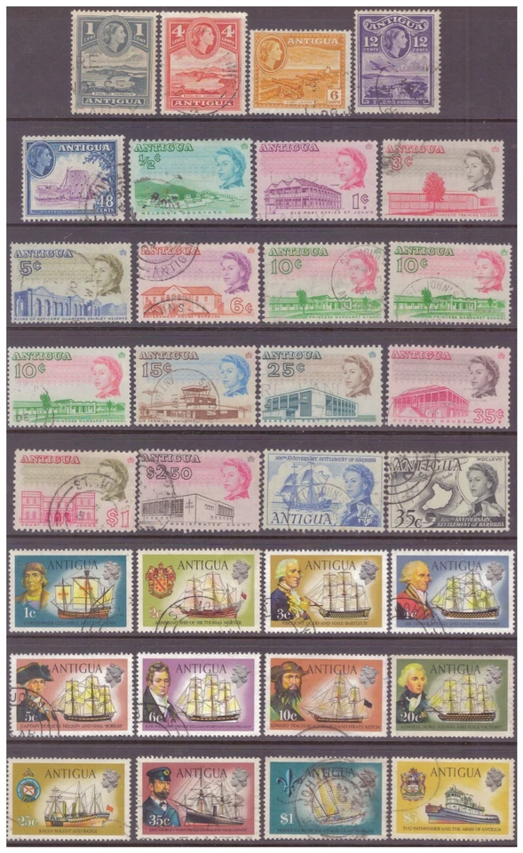 Antigua QEII 1953-1970 x 32 selos usados (10c papéis escolares diferentes e perfeitos.) - Imagem 1 de 1
