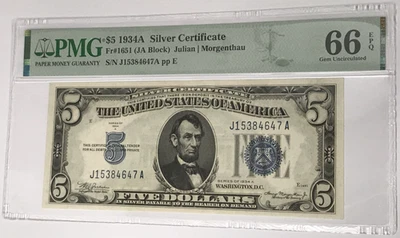 1934A $5 Silver Certificate PMG 66 Gem Uncirculated EPQ Fr#1651 JA Block - Image 1 of 2