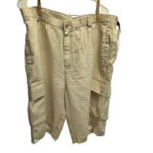 Beigefarbene Cargoshorts aus Leinenmischung für Herren mit elastischem Bund und Taschen & Knopfdetails - Bild 1 von 12