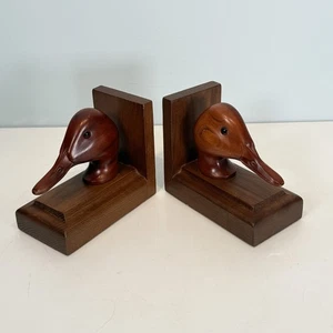 Vintage Carved Solid Wood Duck Heads Bookends With Glass Eyes  - Picture 1 of 11