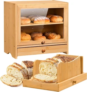 Bread Box with Bread Slicer, Bamboo Bread Box for Kitchen Countertop, Double Lay - Picture 1 of 6
