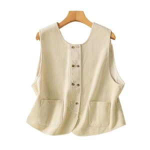 Lady Retro Corduroy Double-breasted Vest Round Neck Waistcoat Sleeveless Top New - Picture 1 of 7
