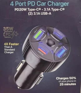 4 Port PD Car Charger Type- C 35w 35 Watt LED Port Charge Four Devices 4X Faster - Picture 1 of 3