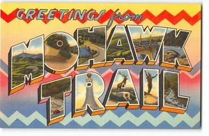 MOHAWK TRAIL Large Letter Linen Postcard c1940 Hail to the Sunrise Indian Statue - Picture 1 of 2