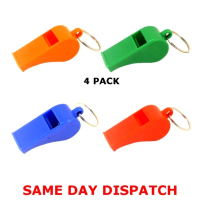 Plastic Referee Whistle Sports School Football Rugby  MULTICOLOURED 4 PACK - Image 1 of 3