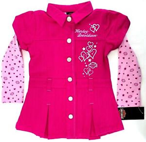 Harley Davidson Girls Toddlers Heart & Stars Bar & Shield Pink Denim Dress