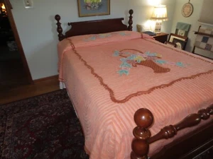 PLUSH PEACH FLOWER BASKET CHENILLE Cotton BEDSPREAD - 90" x 102" - Picture 1 of 7