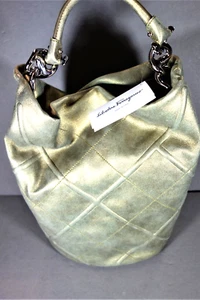 Bolso Hobo de Mano FERRAGAMO Oro Pálido Piel de Cordero Gamuza Metálico Bolso NUEVO - Imagen 1 de 13