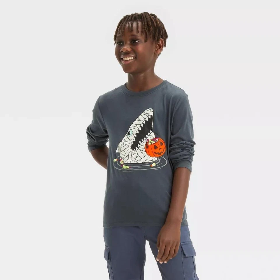 Camiseta de Halloween truco o trato tiburón momia gato y gato para niños talla S M L XL NUEVA CON ETIQUETAS Foto 1 de 1