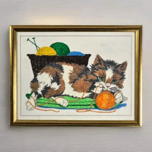 VTG 1970's Paint by Number PBN Cat Kitten Knitting Ball of Yarn Artex Painting - Picture 1 of 8
