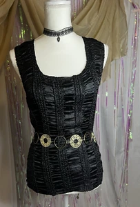 WDNY Y2K Stretchy Tank Top 90's Black Ruched Crinkle Satin Gothic Grunge Sz Med - Picture 1 of 18