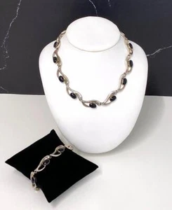 Vtg Taxco Modern Black Onyx Sterling Silver Linked Necklace Bracelet Set Mexico - Picture 1 of 8