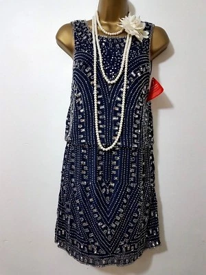 VESTIDO FALDA Y VOLANTE GATSBY FLAPPER CHARLESTON DECO CUENTAS LENTEJUELAS ADORNADO TALLA 10 Foto 1 de 4