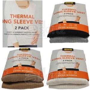 Ladies 2 Pack Thermal Vest Tops Long Sleeve Pointelle Winter Warm UK Size M S L - Picture 1 of 19