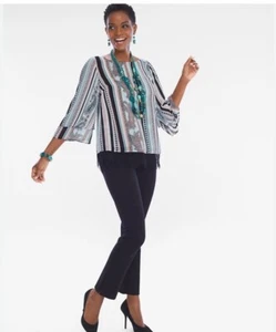 Chico's ARTSY Striped Paisley Lace Trim Blouse Tunic Top Size 4-6 NWT - Picture 1 of 9