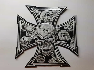 IRON CROSS WITH SKULLS iron on or sew on biker patch 14cm x 14cm large - Picture 1 of 2