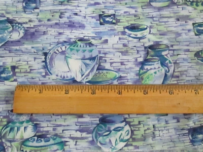 Vtg.Estate  Find, Fabric, Blue, Green, Purple & White Pottery print, 1/2 Yd. - Image 1 of 4