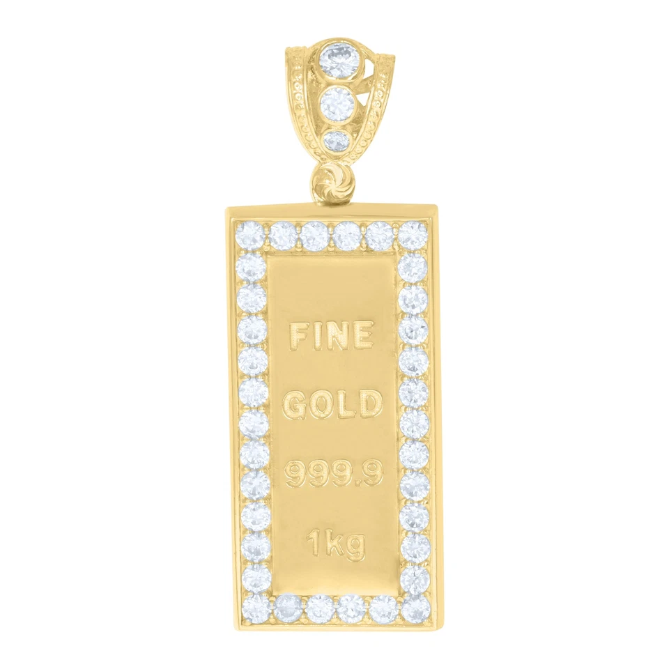 Colgante de barra de oro con dije medallón rectangular de 2,25" de circonita cúbica redonda de oro de 10 quilates para hombre Foto 1 de 1