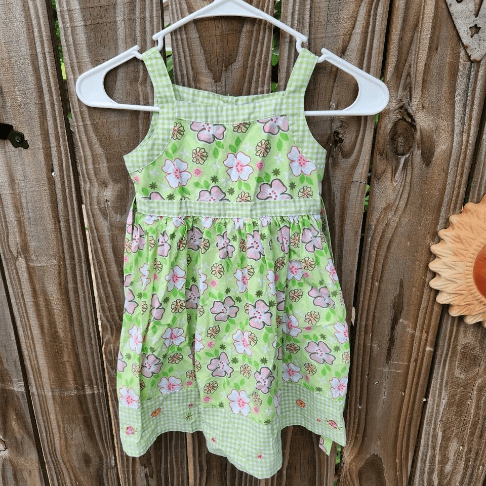 Gingham Green Classic Vintage Dress Floral Sleeveless Girls Size 6X Button Back - Image 1 of 4