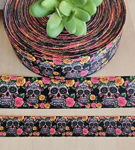 Cráneos de azúcar 7/8 y 1,5" (1 yarda) cinta de grano grueso día de los muertos día de muertos - Imagen 1 de 1