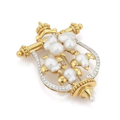 Estate 1.44ct Diamond Kashi Baroque Pearls 18k Gold Brooch Pin LIQUIDATION!! - Image 1 of 4