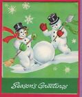 VTG CHRISTMAS CARD MR MRS SNOWMAN COUPLE LG SNOWBALL BROOM SHOVEL SNOWFLAKES 