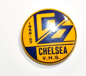 1950's School Football Mustard Yellow & Blue "GO" Pin back Chelsea V.H.S. - Picture 1 of 3