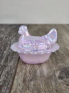 Crown Tuscan Pink Carnival Glass Hen on Nest Salt Cellar – Ruffled Edge Mini - Picture 1 of 8