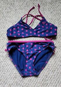 Girls Roxy Floral 2 Piece Swimsuit Navy Magenta Polkadot Size 8