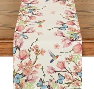Flowers Bird Butterfly Spring Table Runner, Seasonal Kitchen Dining Table Decora - Picture 1 of 12