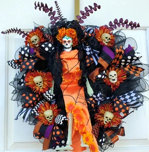 Halloween Day of the Dead Wreath 24" Front Door Floral Decor Dia De Los Muertos - Picture 1 of 9