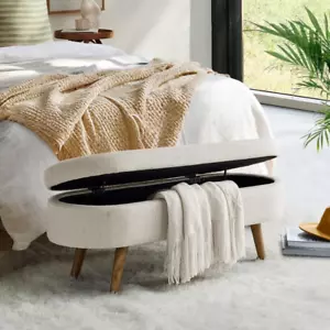 Oval Storage Ottoman Bench, 43.5 Inches Ottoman with Storage, Linen Upholstered - Picture 1 of 6