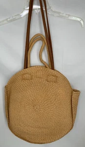 Large Jute Tote Straw Woven Circular Round HandBag Shoulder Straps Tan Beach - Picture 1 of 12