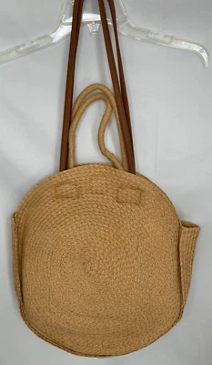 Large Jute Tote Straw Woven Circular Round HandBag Shoulder Straps Tan Beach - Image 1 of 4