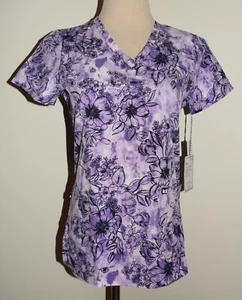 New Womens Koi Next Gen XXS Purple Floral V-Neck Stretch Scrub Top - Picture 1 of 3