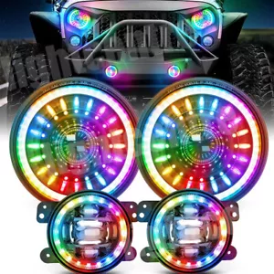 RGB Starry 7" LED Headlights Turn + Fog Lamp Combo KIT For Jeep Wrangler JK CJ - Picture 1 of 15