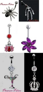 6 NUEVAS joyas corporales perforadas en el ombligo ~ Esqueleto araña chinche corona flor martini - Imagen 1 de 1